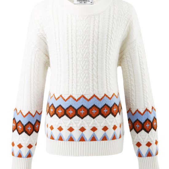 COMOBOCA 100% Wool Kids' Round Neck Striped Cable Knit Sweater