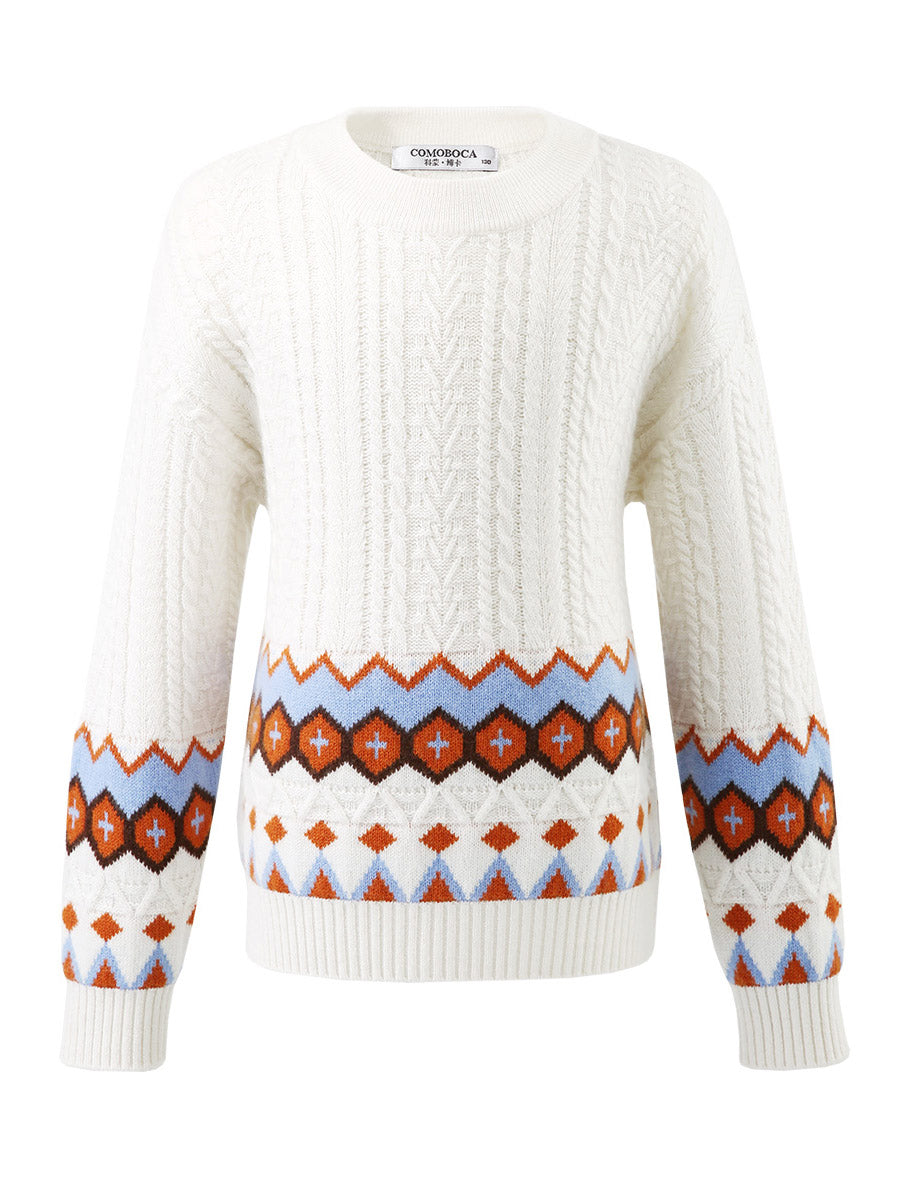 COMOBOCA 100% Wool Kids' Round Neck Striped Cable Knit Sweater