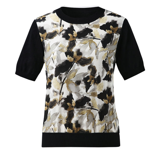 COMOBOCA Women's Cotton Silk Floral Ribbed Print Knit T-Shirt