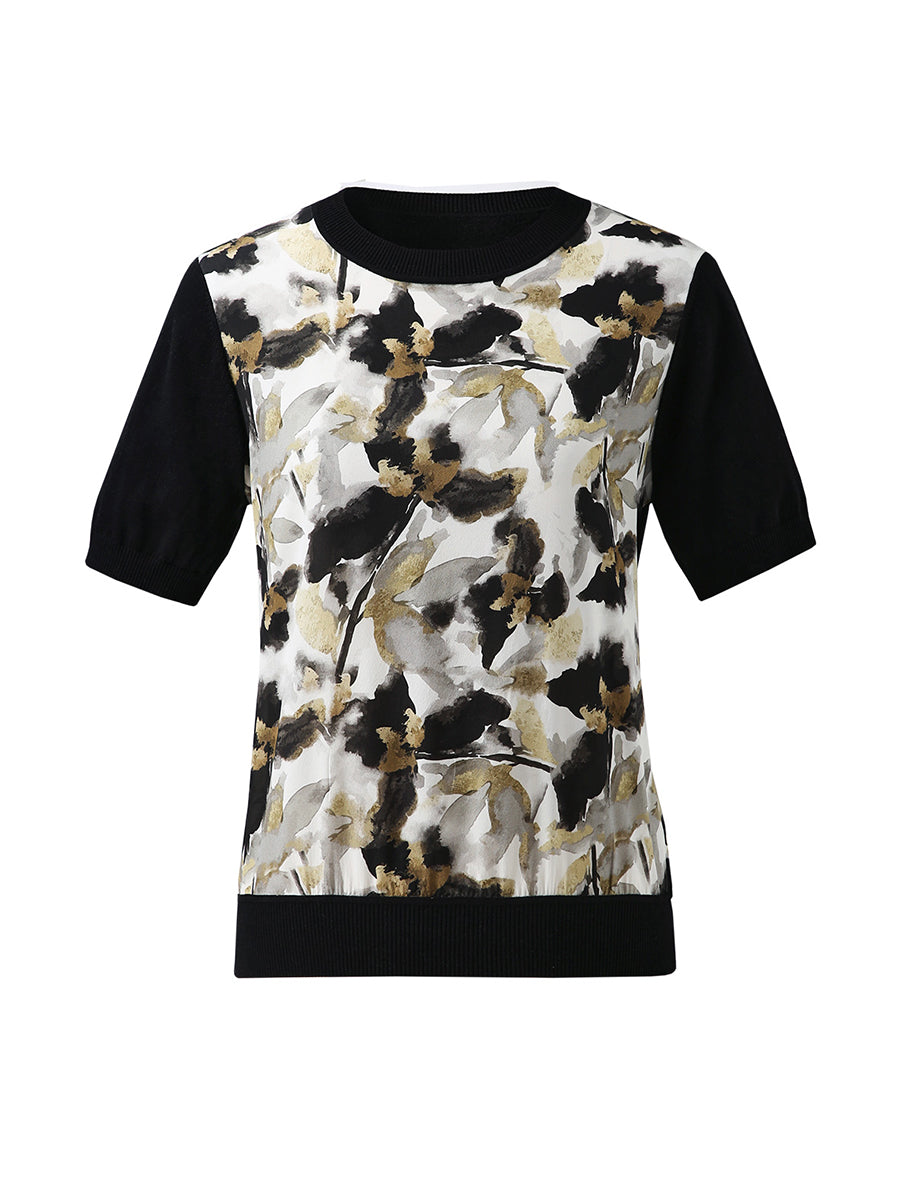 COMOBOCA Women's Cotton Silk Floral Ribbed Print Knit T-Shirt