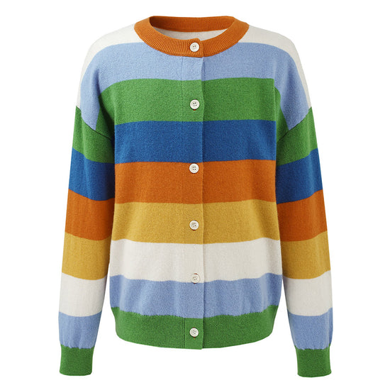COMOBOCA 100% Wool Kids' Colorful Striped Round Neck Cardigan