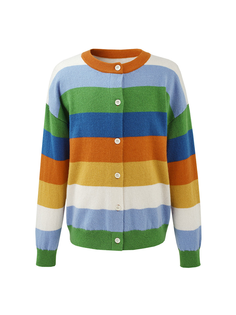 COMOBOCA 100% Wool Kids' Colorful Striped Round Neck Cardigan
