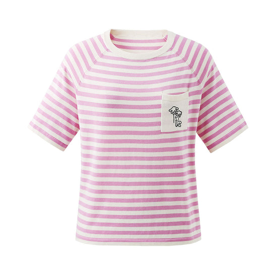 COMOBOCA Women's Striped Embroidered Pocket Knit T-Shirt