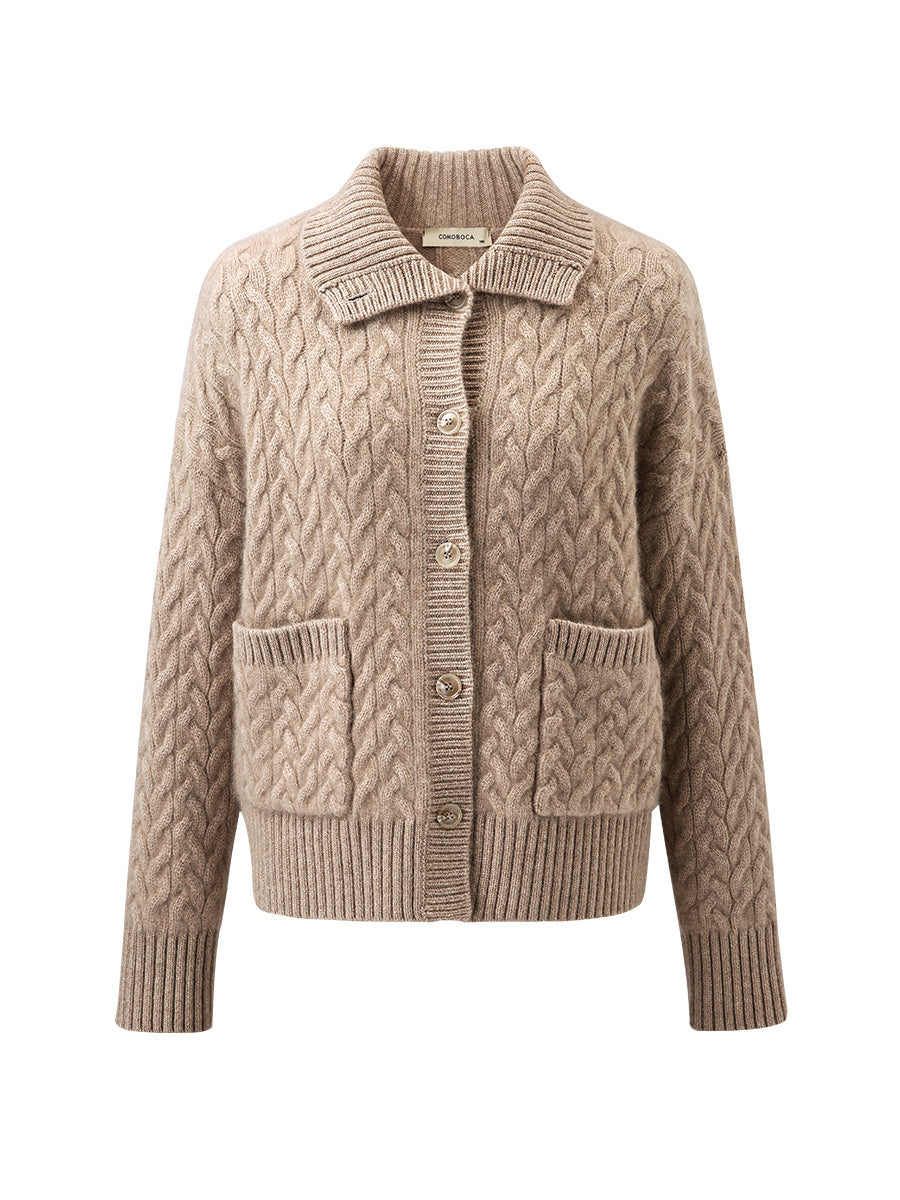COMOBOCA 100% Cashmere Women's Cable Knit Pocket Cardigan