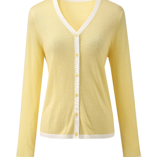 COMOBOCA Women's Ribbed V-neck Cardigan with White Trim