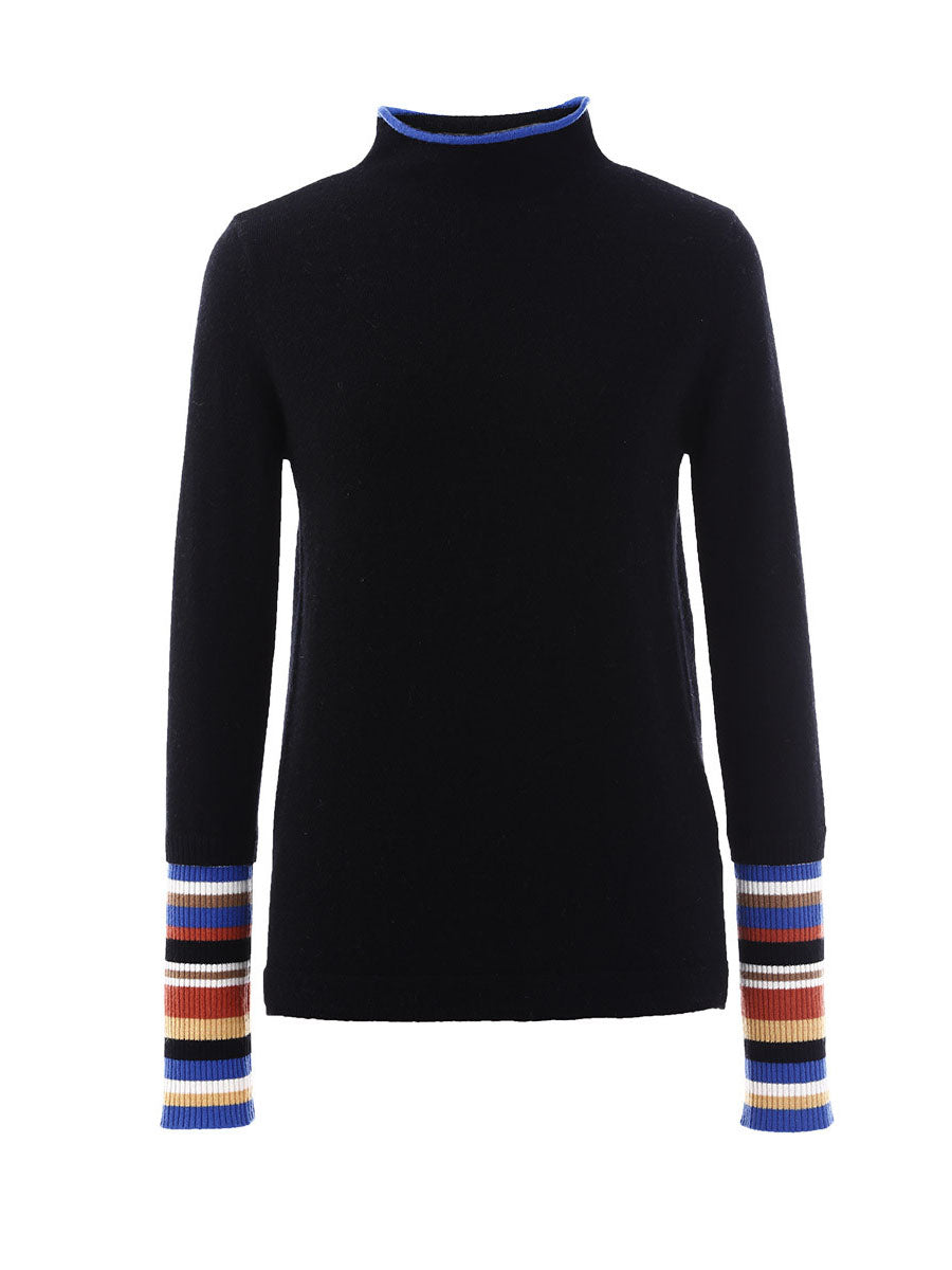 COMOBOCA 100% Cashmere Women's Knit Sweater with Colorful Cuffs