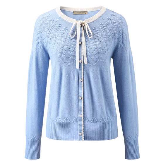 COMOBOCA 100% Cashmere Women's Faux Cardigan Sweater with Bow Tie