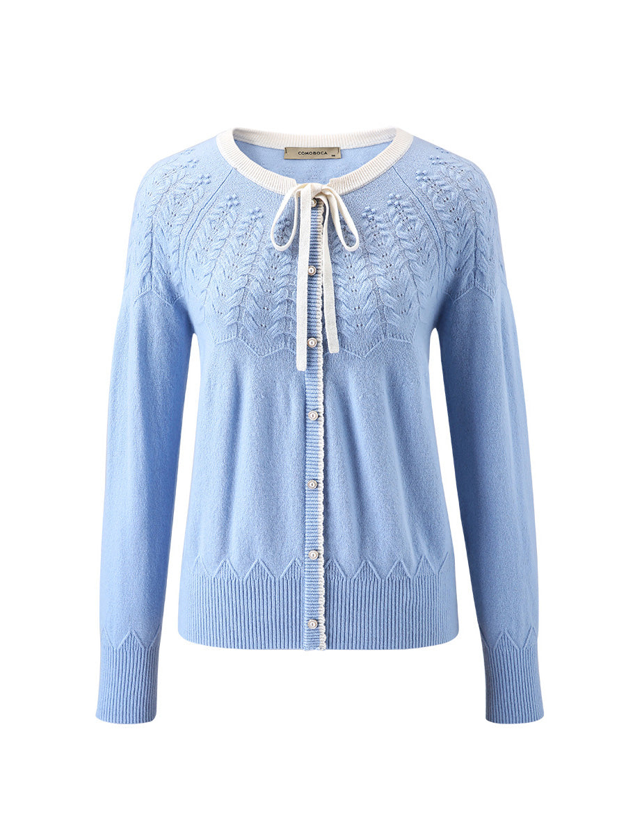 COMOBOCA 100% Cashmere Women's Faux Cardigan Sweater with Bow Tie