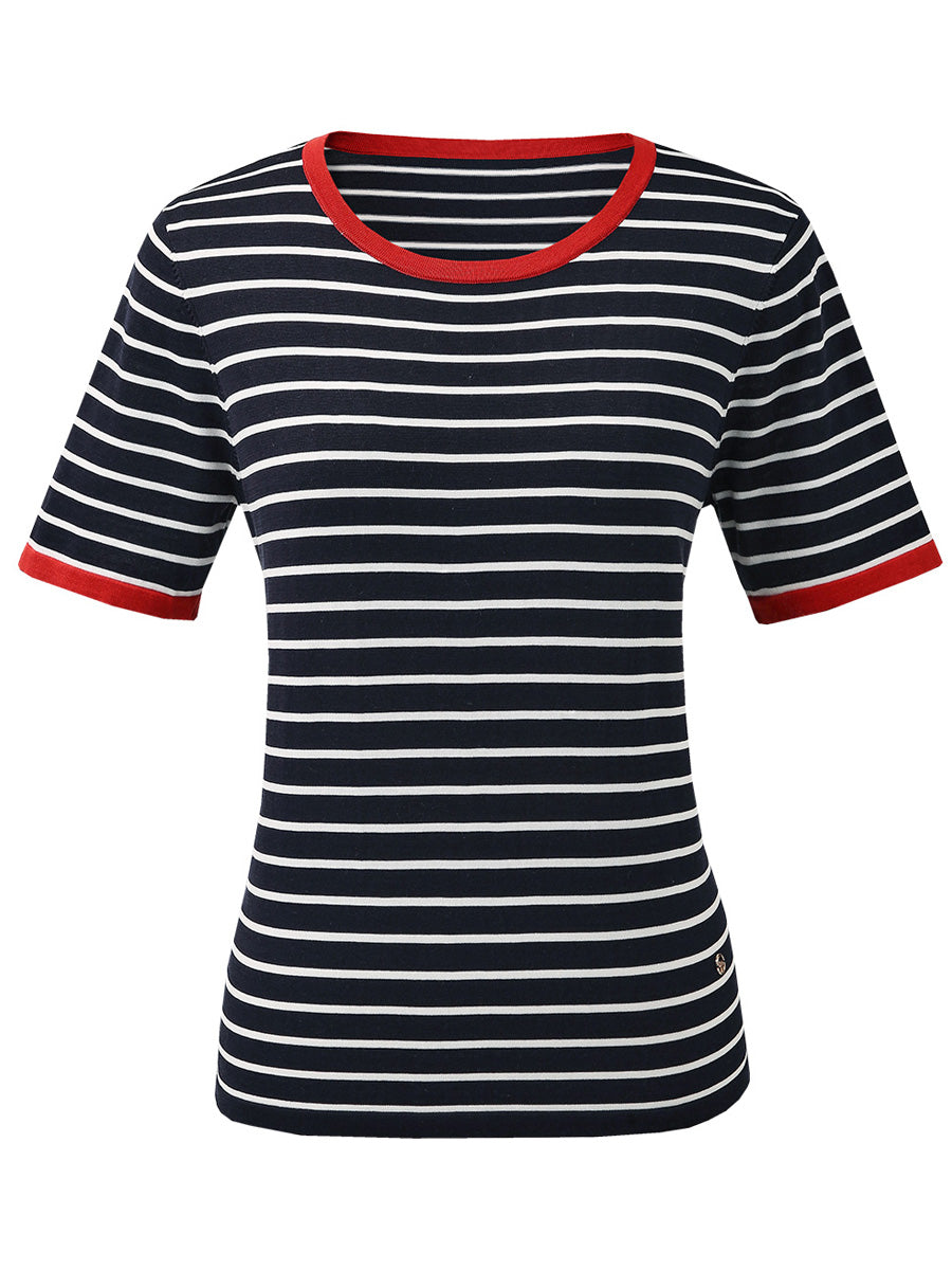 COMOBOCA Women's Striped Ribbed Contrast Trim T-Shirt