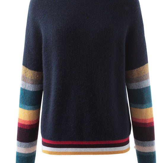 COMOBOCA 100% Cashmere Women's Striped Round Neck Sweater
