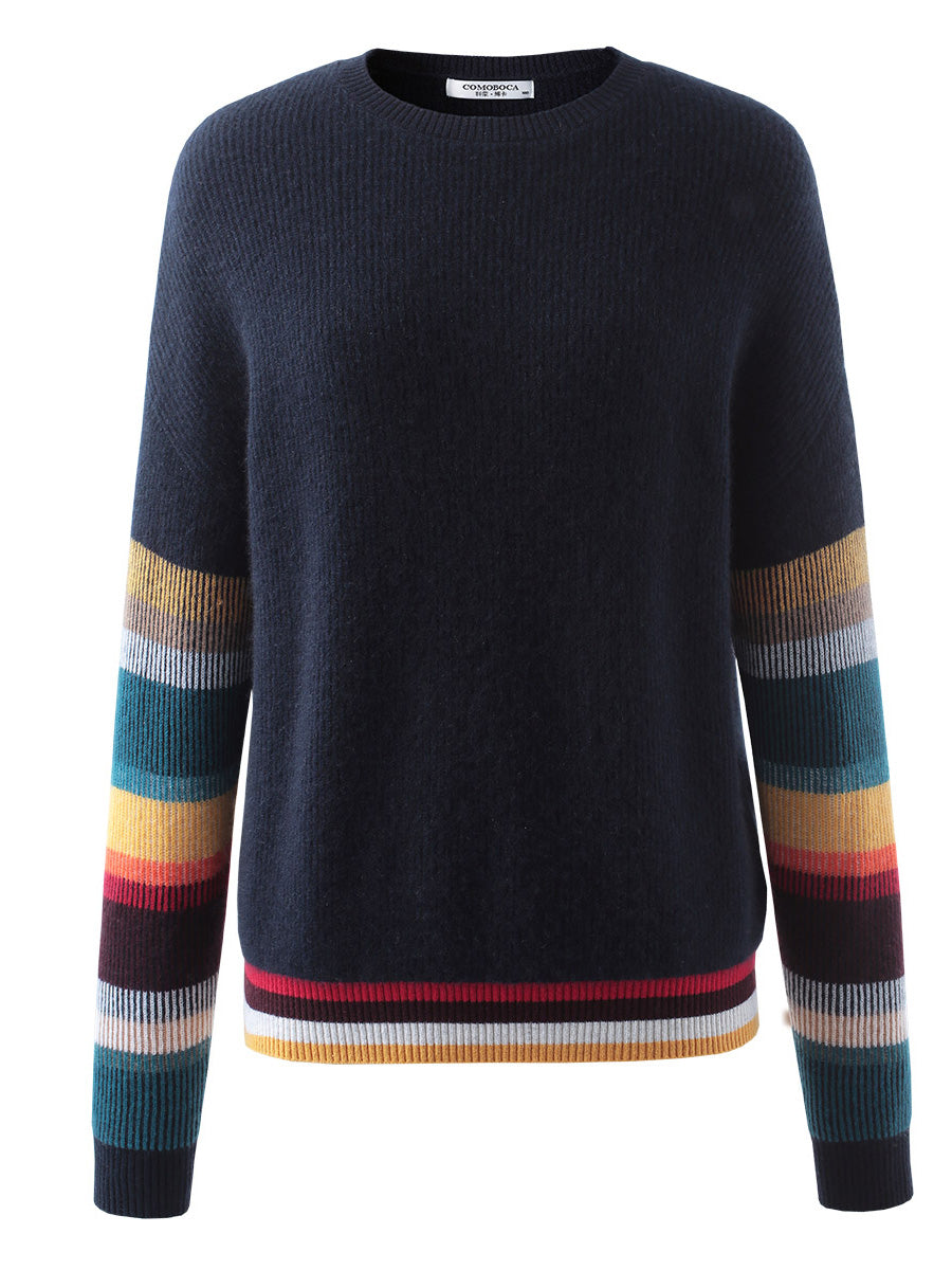 COMOBOCA 100% Cashmere Women's Striped Round Neck Sweater