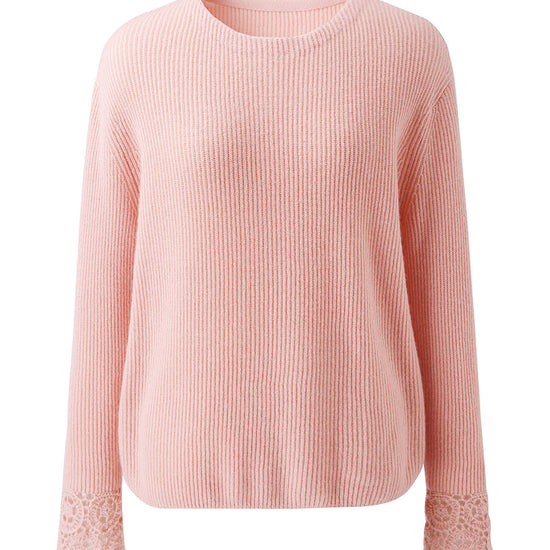 COMOBOCA 100% Cashmere Women's Ribbed Crochet Lace Cuffs Sweater