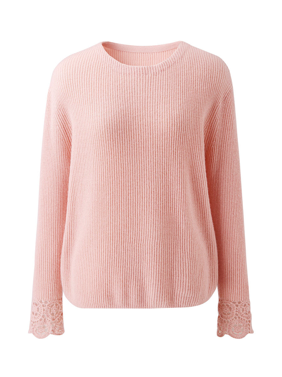 COMOBOCA 100% Cashmere Women's Ribbed Crochet Lace Cuffs Sweater
