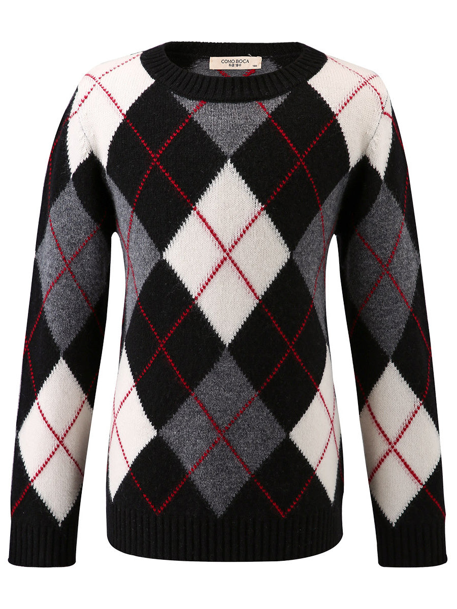 COMOBOCA 100% Wool Kids' Ribbed Argyle Knit Sweater