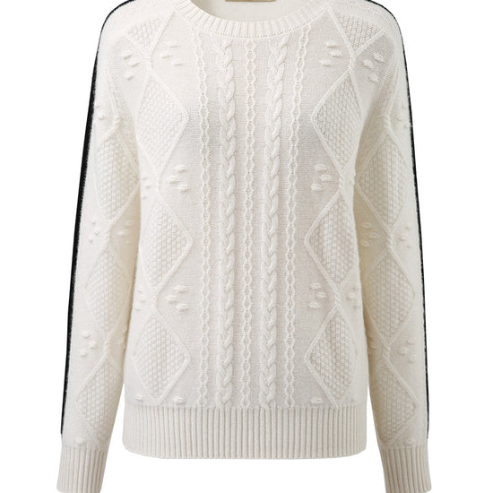 COMOBOCA White 100% Cashmere Women's Crew Neck Intarsia Knit Sweater
