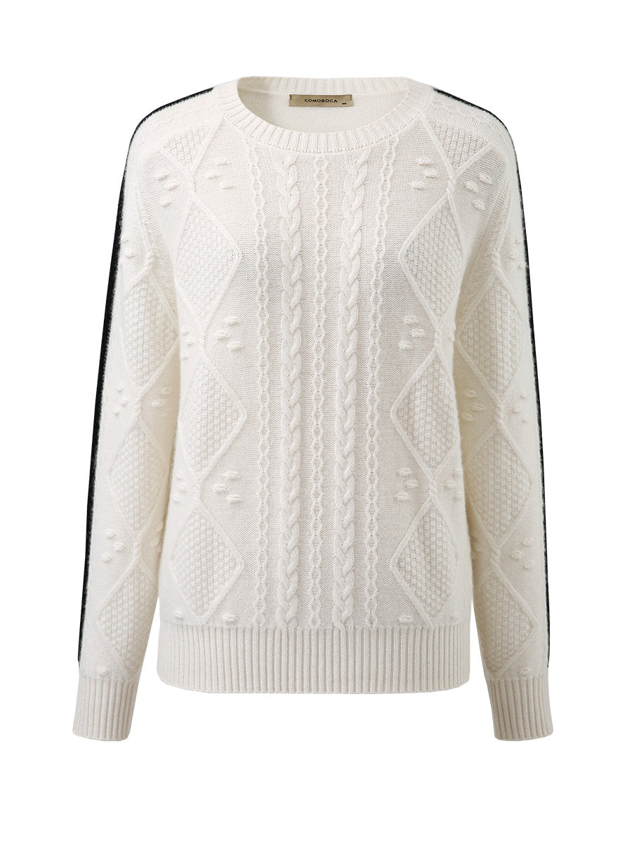 COMOBOCA White 100% Cashmere Women's Crew Neck Intarsia Knit Sweater