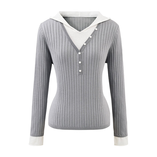 COMOBOCA Women's Layered Ribbed Knit Hooded Henley Top