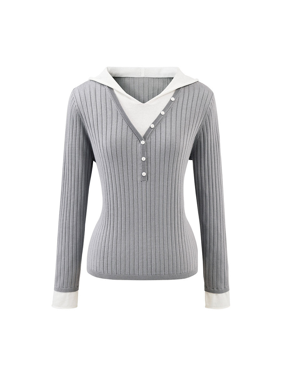 COMOBOCA Women's Layered Ribbed Knit Hooded Henley Top