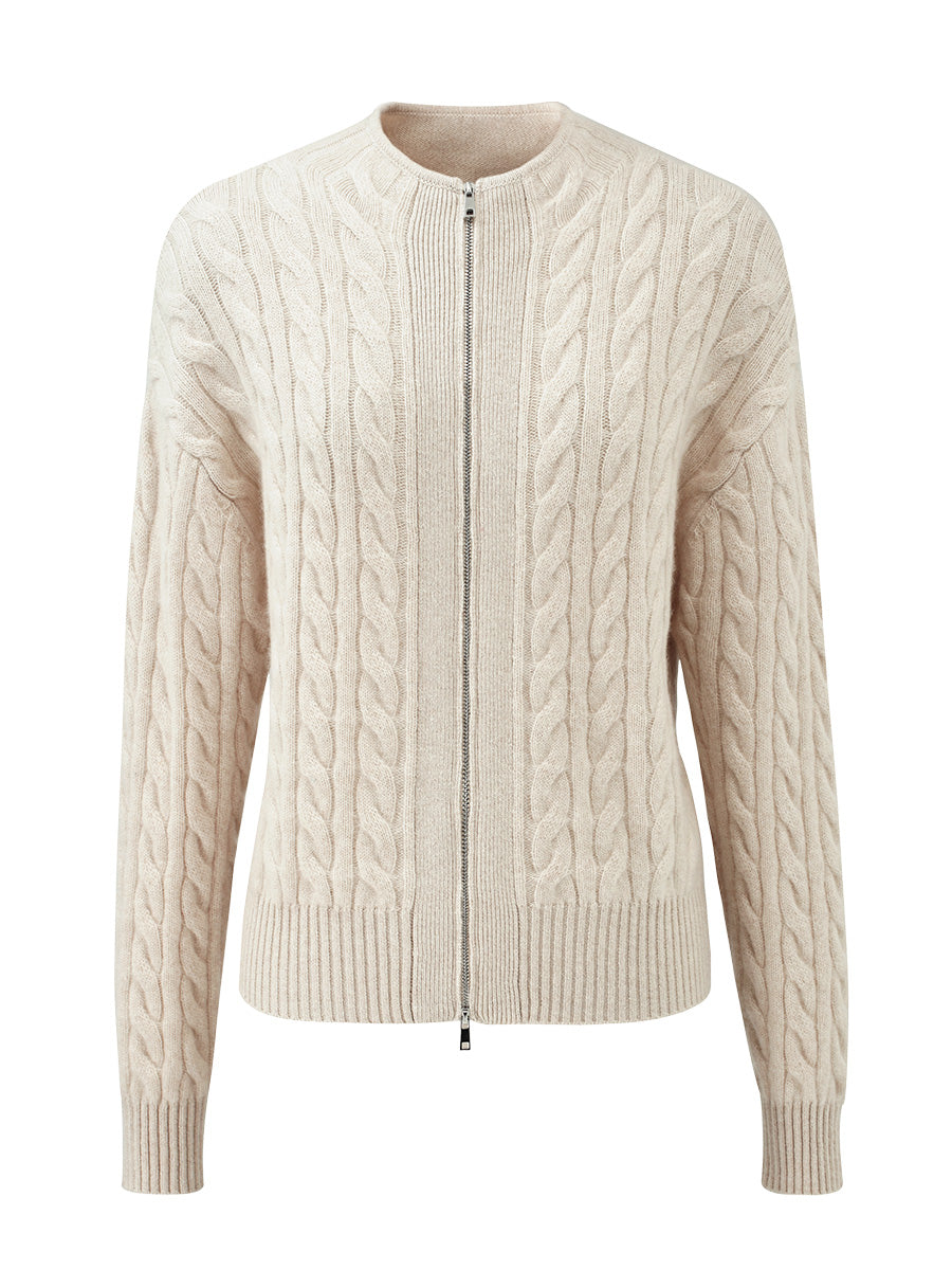 COMOBOCA 100% Cashmere Women's Cable Zip Up Knit Cardigan