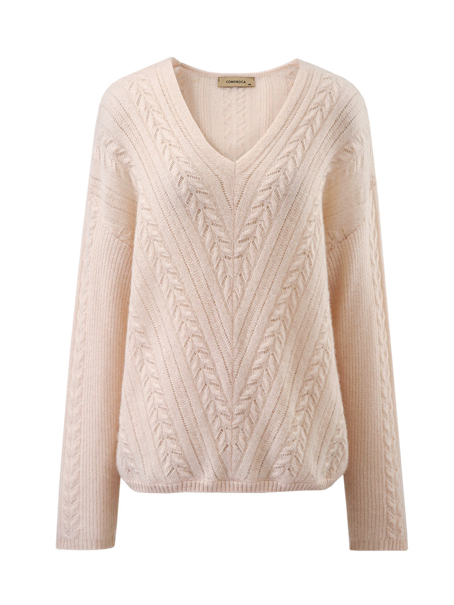 COMOBOCA 100% Cashmere Women's V-Neck Drop Shoulder Sweater