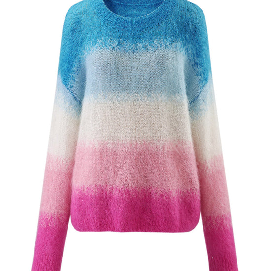 COMOBOCA Women's Mohair Gradient Color Block Fluffy Knit Sweater