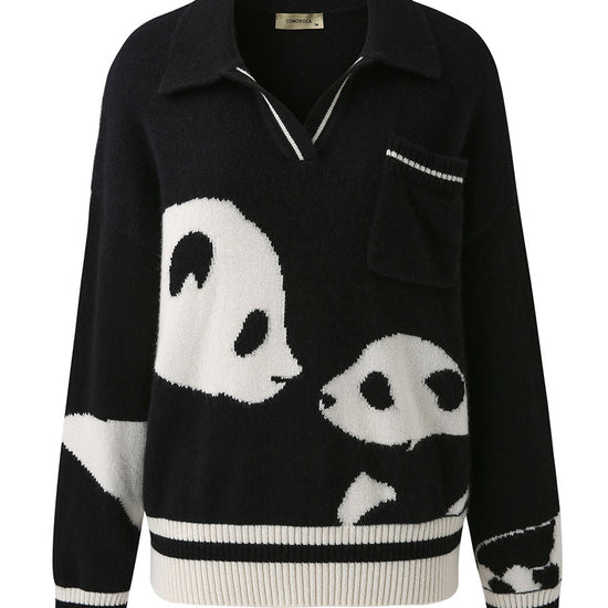 COMOBOCA 100% Cashmere Women's Panda Pattern Polo Collar Sweater