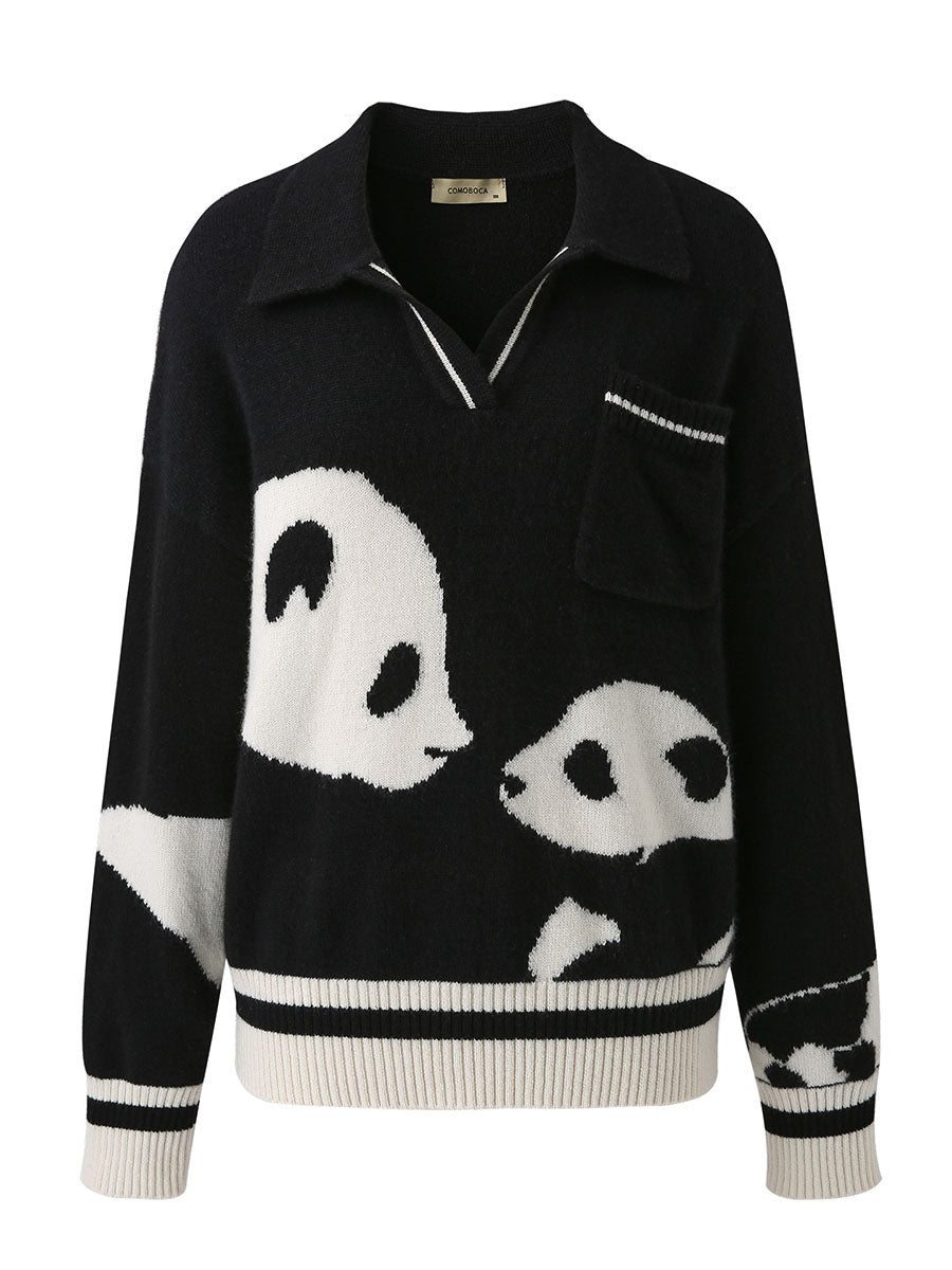 COMOBOCA 100% Cashmere Women's Panda Pattern Polo Collar Sweater