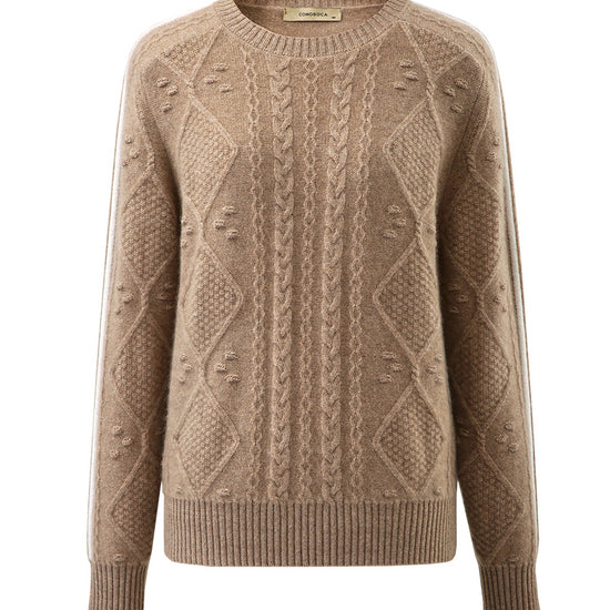 COMOBOCA Beige 100% Cashmere Women's Crew Neck Intarsia Knit Sweater
