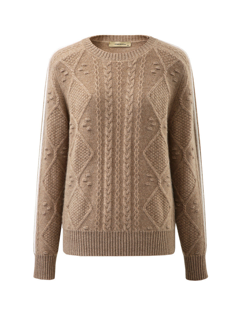 COMOBOCA Beige 100% Cashmere Women's Crew Neck Intarsia Knit Sweater