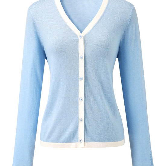 COMOBOCA Women's Ribbed V-neck Cardigan with White Trim