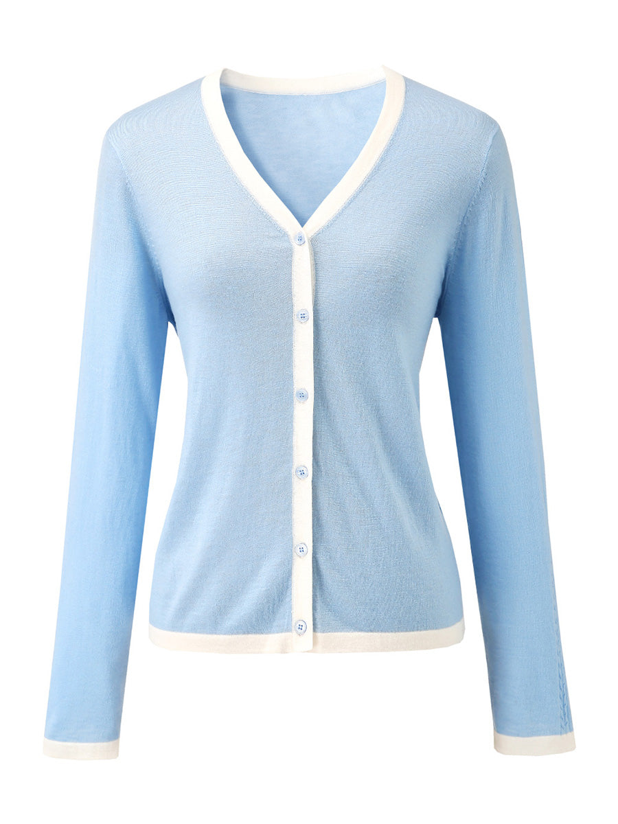 COMOBOCA Women's Ribbed V-neck Cardigan with White Trim