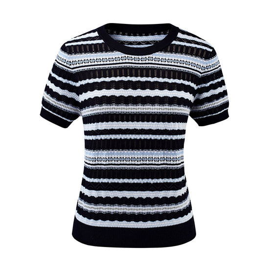 COMOBOCA Women's Mixed Stitch Striped Semi Sheer Knit T-Shirt