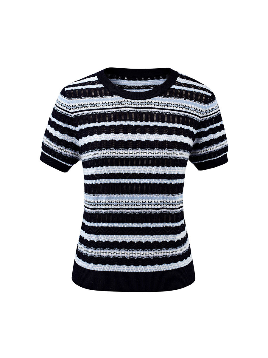 COMOBOCA Women's Mixed Stitch Striped Semi Sheer Knit T-Shirt