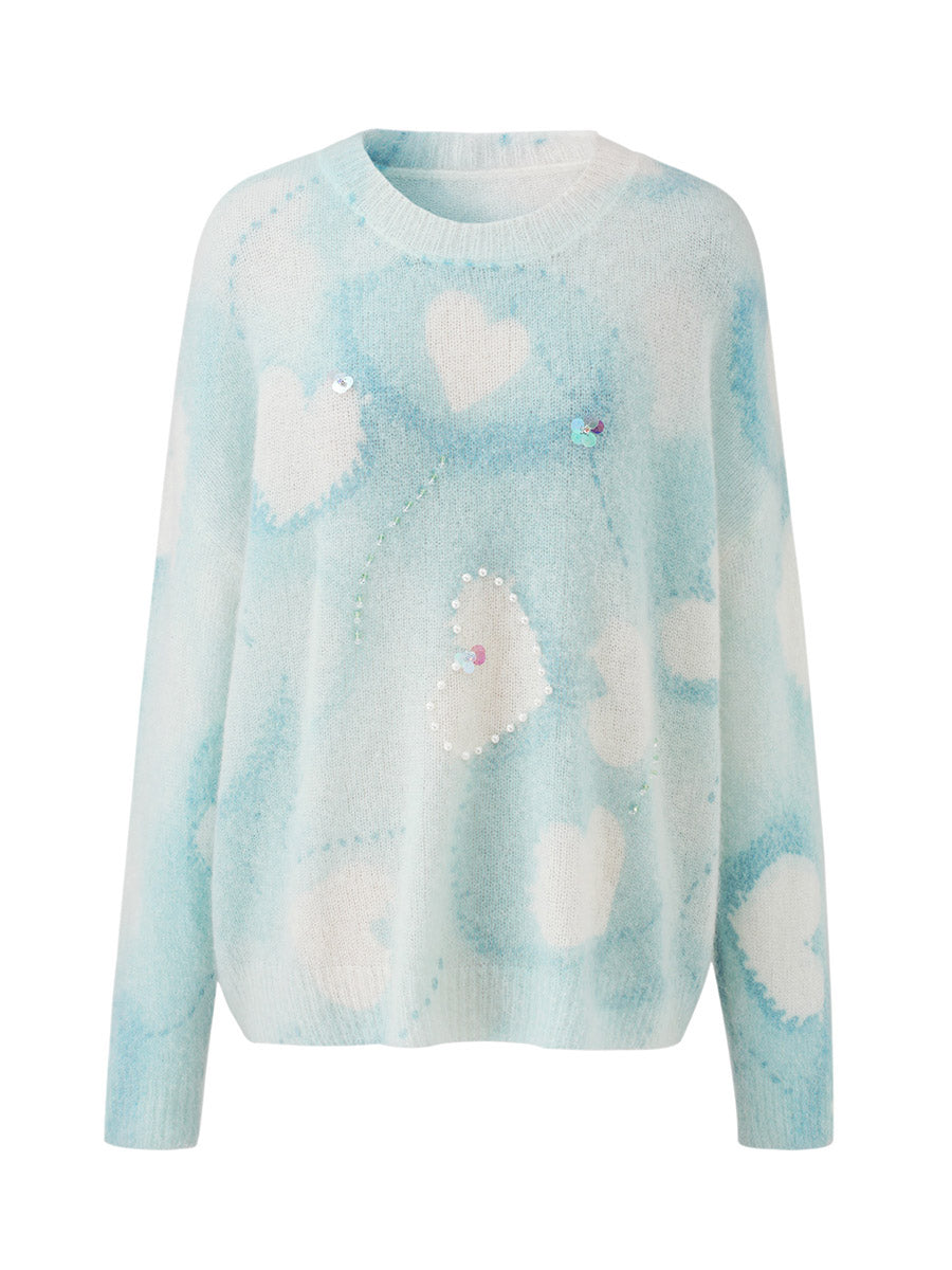 COMOBOCA Women's Heart Printed Round Neck Sweater