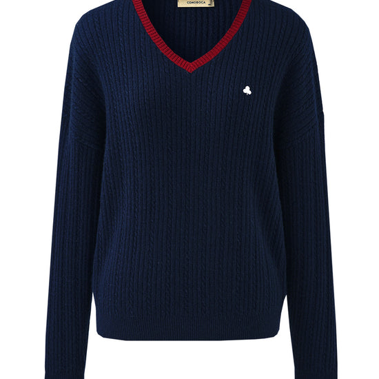 COMOBOCA 100% Cashmere Women's V-Neck Cable Knit Sweater