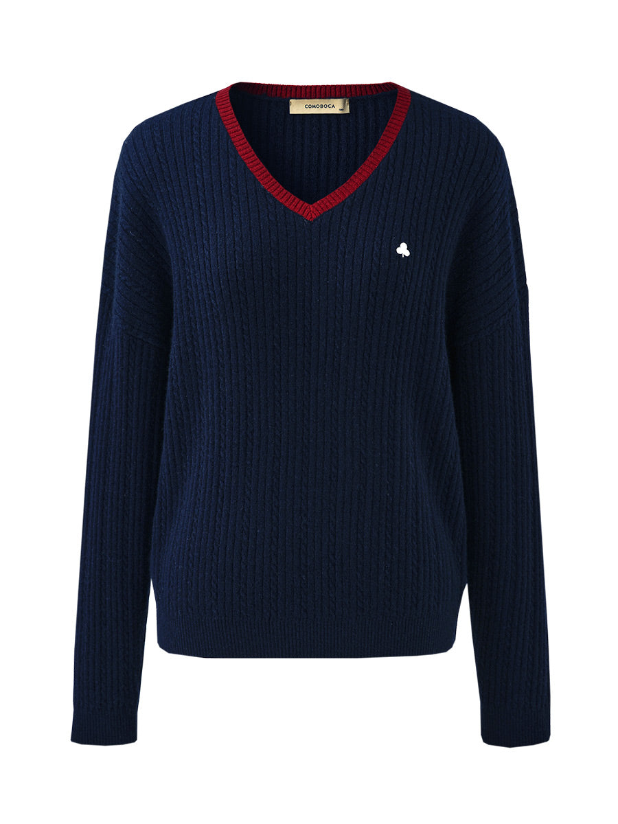 COMOBOCA 100% Cashmere Women's V-Neck Cable Knit Sweater