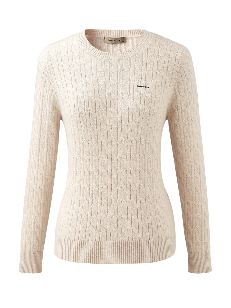 COMOBOCA 100% Cashmere Women's Cable Round Neck Knit Sweater