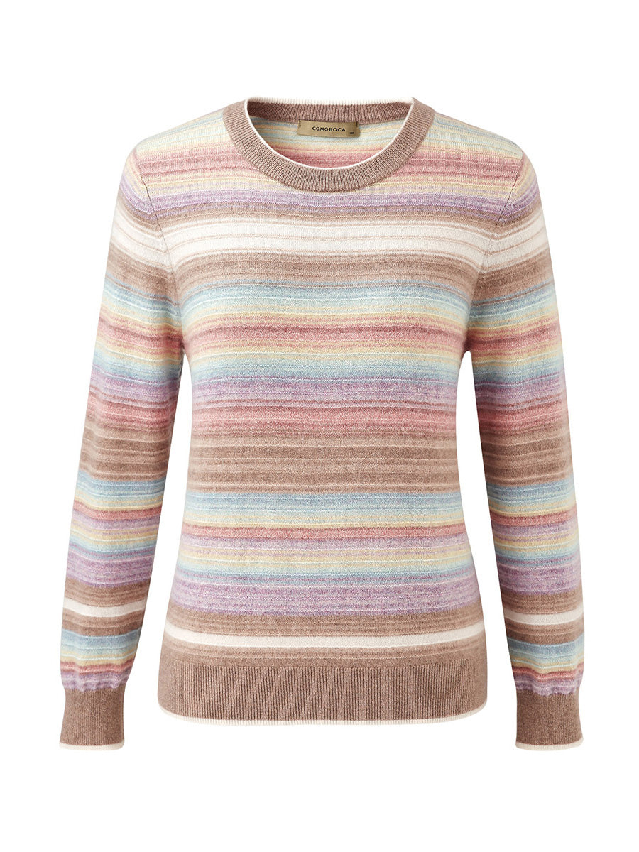 COMOBOCA 100% Cashmere Women's Rainbow Striped Round Neck Sweater