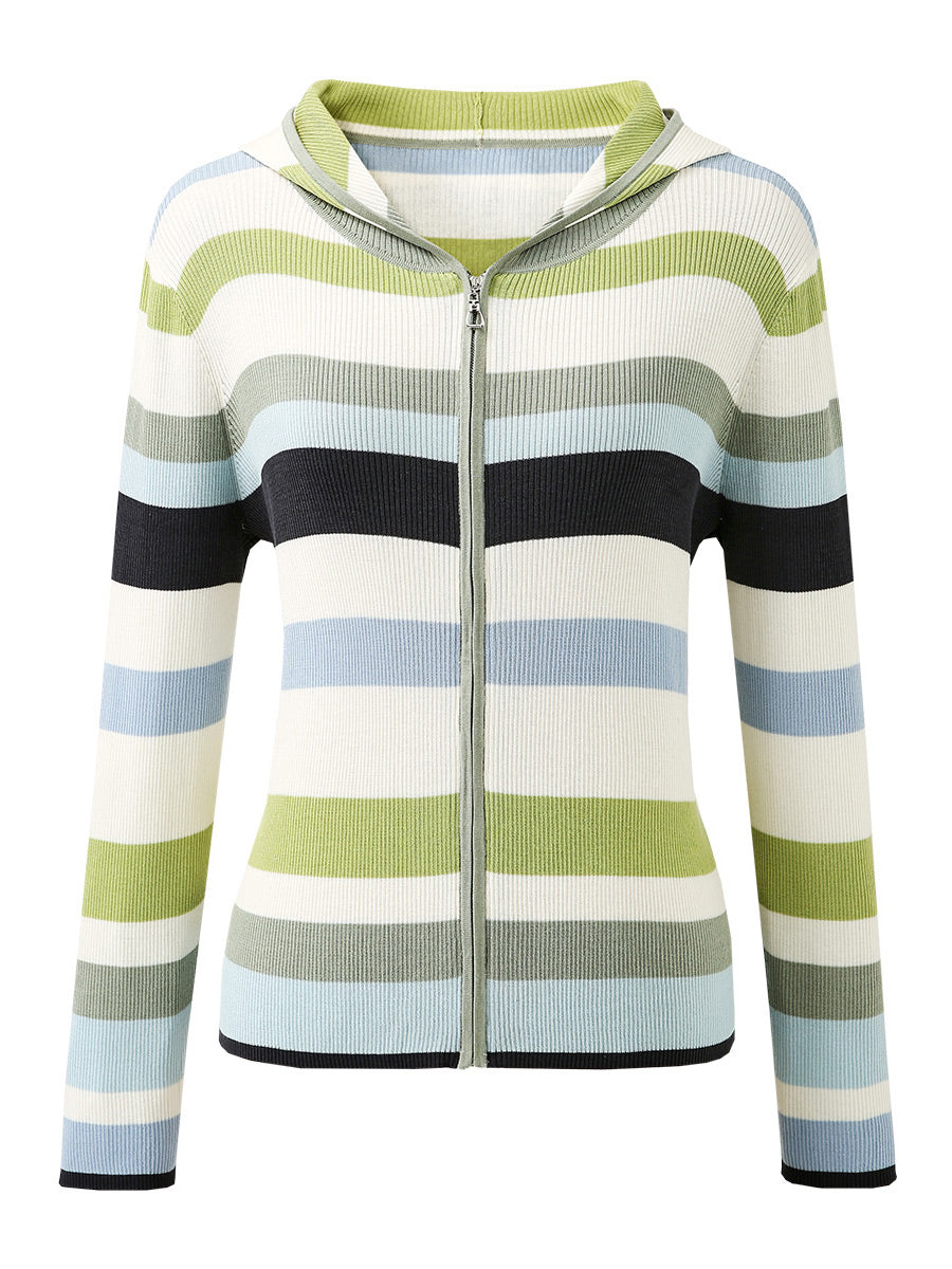COMOBOCA Women's Versatile Striped Zip-Up Hoodie Cardigan