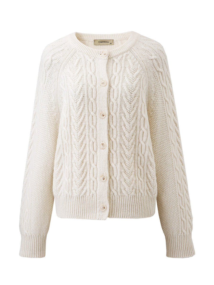 COMOBOCA 100% Wool Women's Cable Knit Button Cardigan
