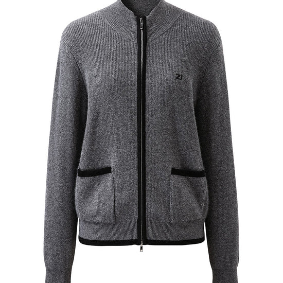 COMOBOCA 100% Cashmere Women's Contrast Trim Dual Zip Pocket Cardigan