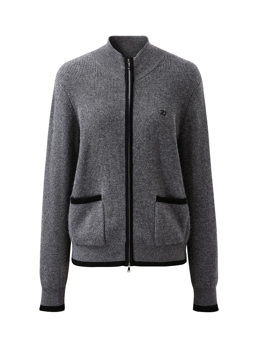 COMOBOCA 100% Cashmere Women's Contrast Trim Dual Zip Pocket Cardigan