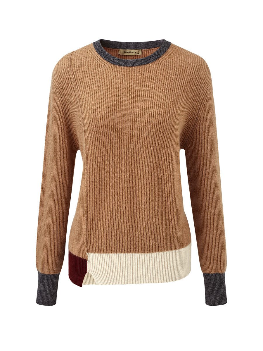 COMOBOCA 100% Cashmere Women's Color Block Ribbed Knit Sweater