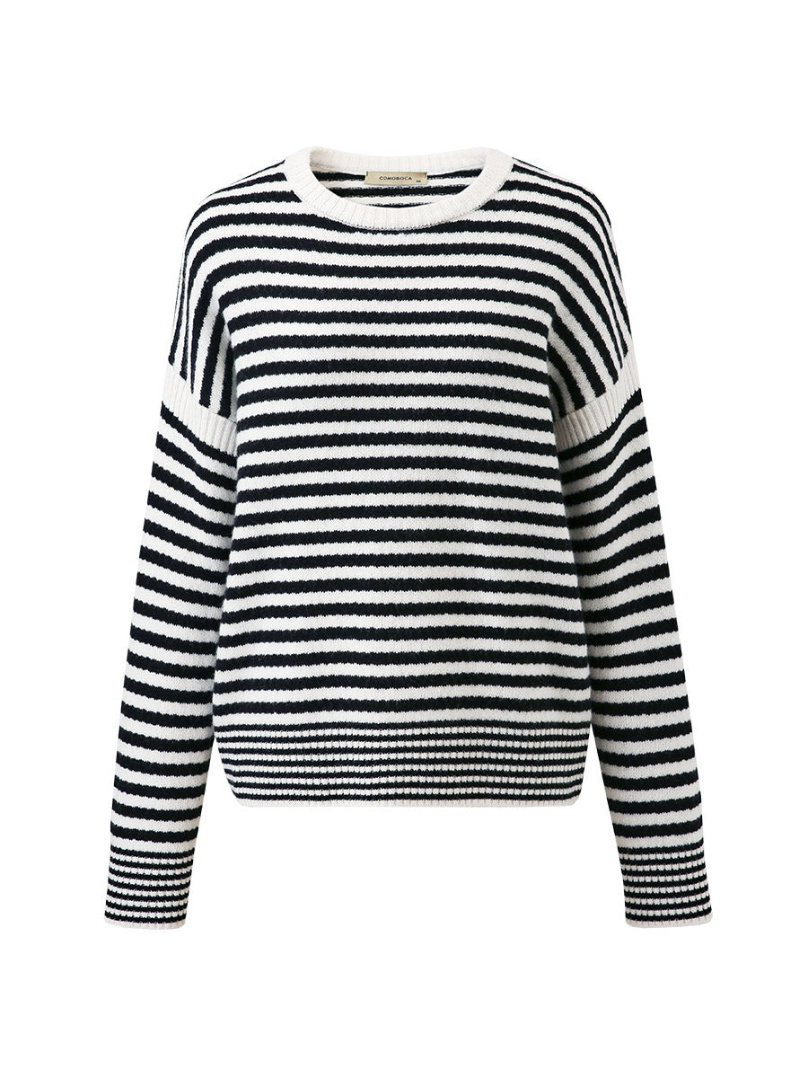 COMOBOCA 100% Wool Women's Striped Knit Pullover Sweater