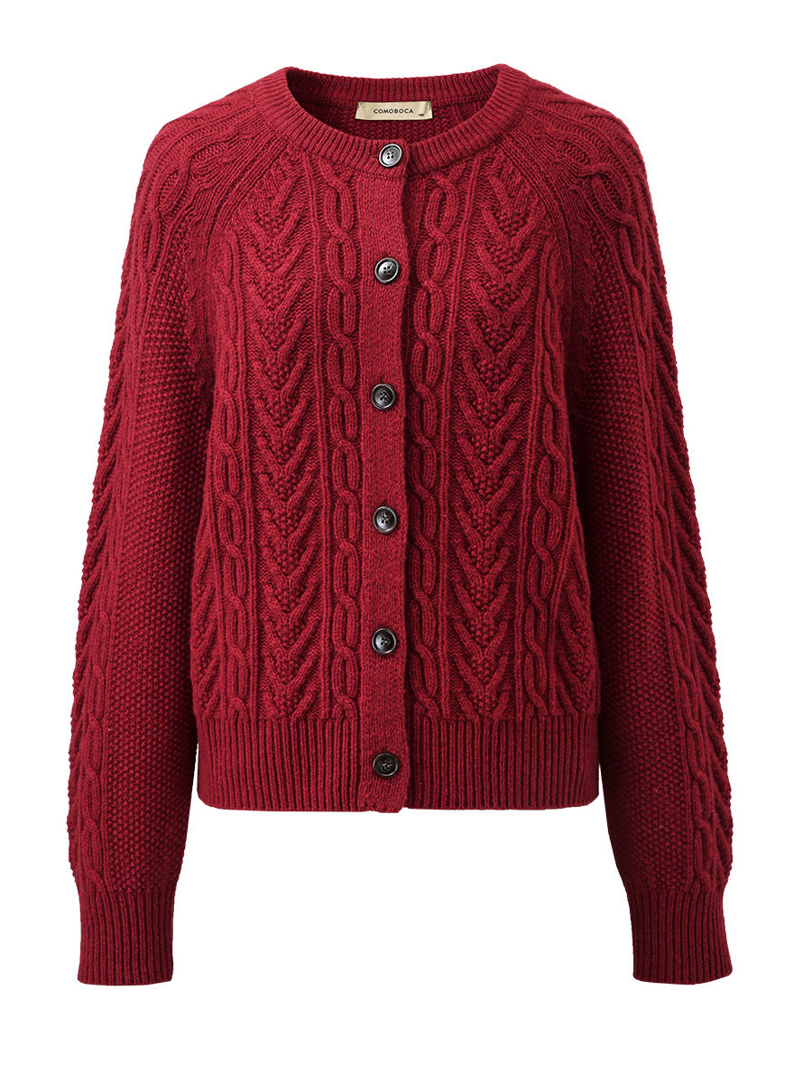 COMOBOCA 100% Wool Women's Cable Knit Button Cardigan