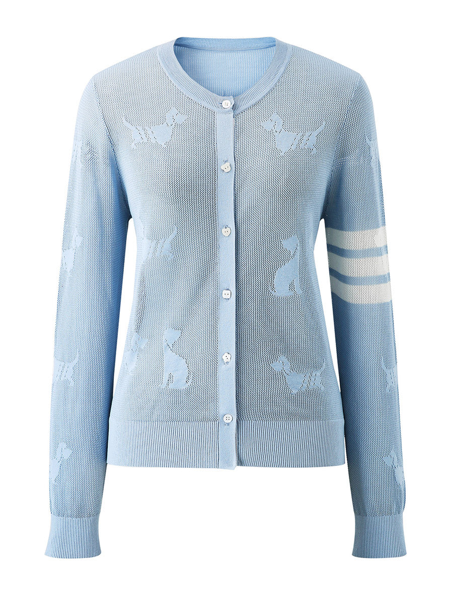 COMOBOCA Women's Pet Pointelle Knit Round Neck Cardigan