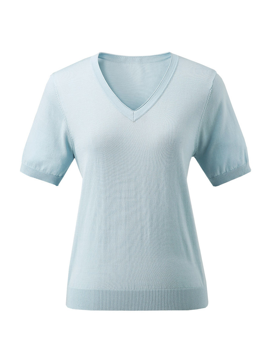 COMOBOCA Women's Lyocell V-Neck Ribbed Knit T-Shirt
