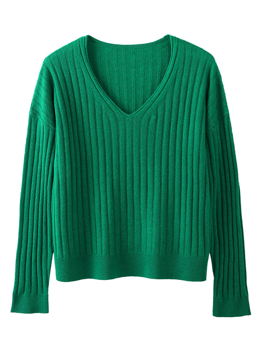 COMOBOCA 100% Cashmere Women's Cozy Ribbed V-Neck Sweater