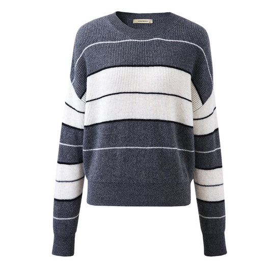 COMOBOCA 100% Cashmere Women's Striped Crewneck Sweater