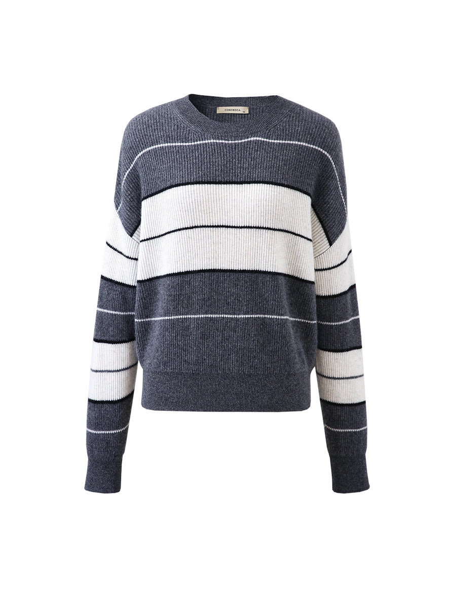 COMOBOCA 100% Cashmere Women's Striped Crewneck Sweater